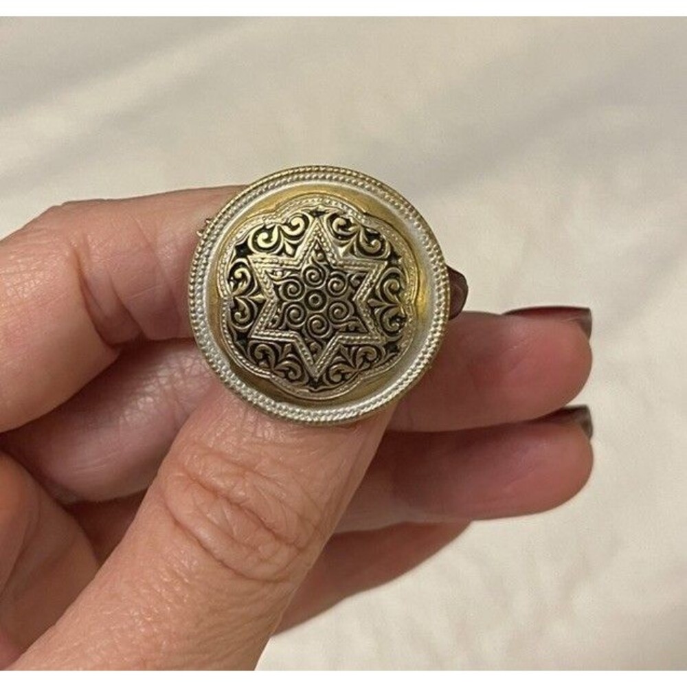 Vintage Damascene Toledo brooch Spain black gold geometric flower design